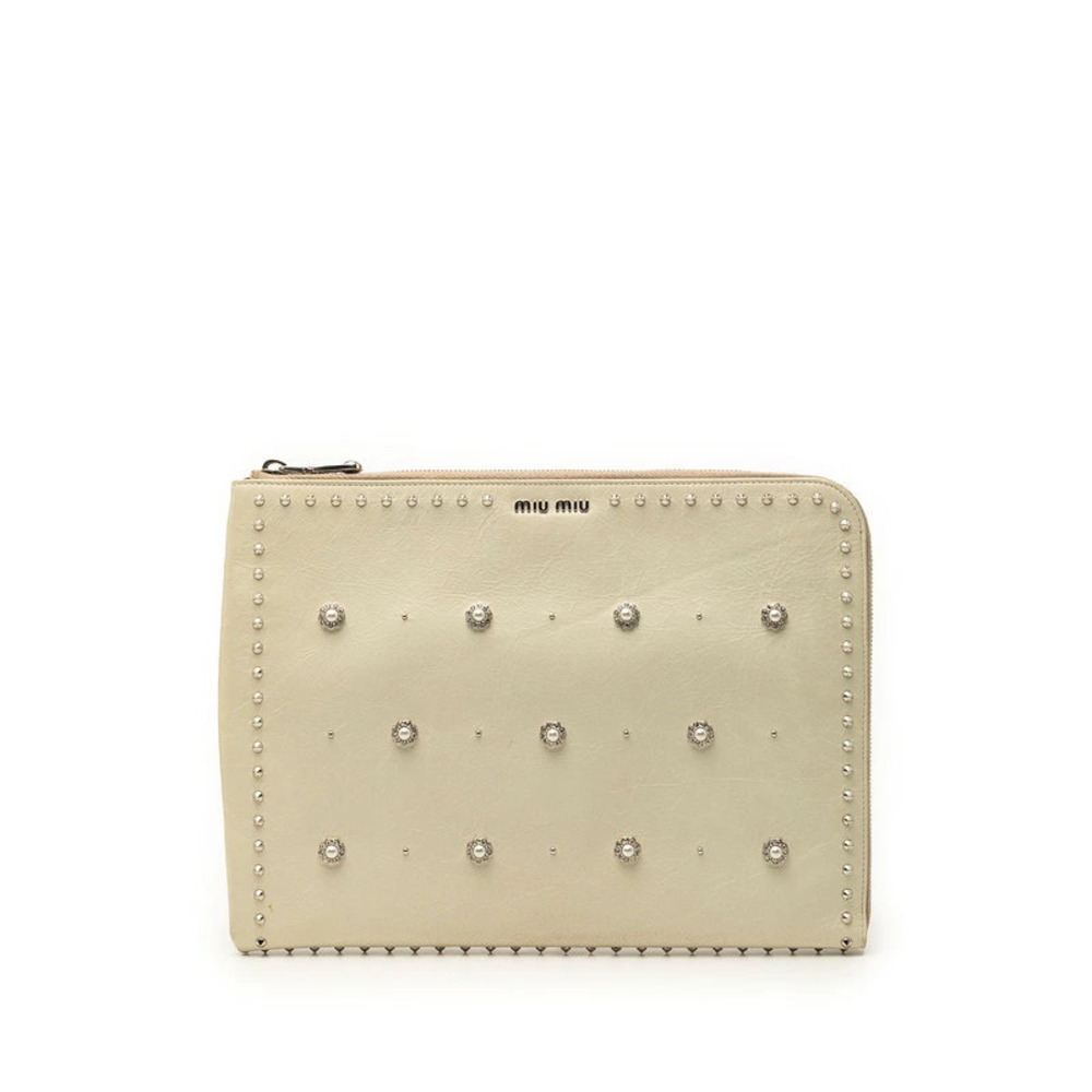 Miu Miu cream leather clutch crystal flower studs metallic studded